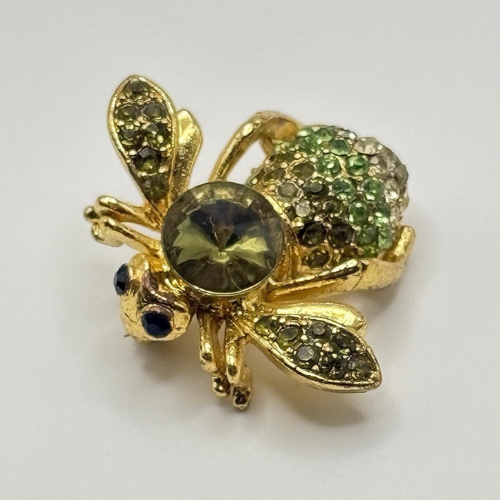 Vintage Bee Brooch Dimensional Green Rhinestones Gold Tone